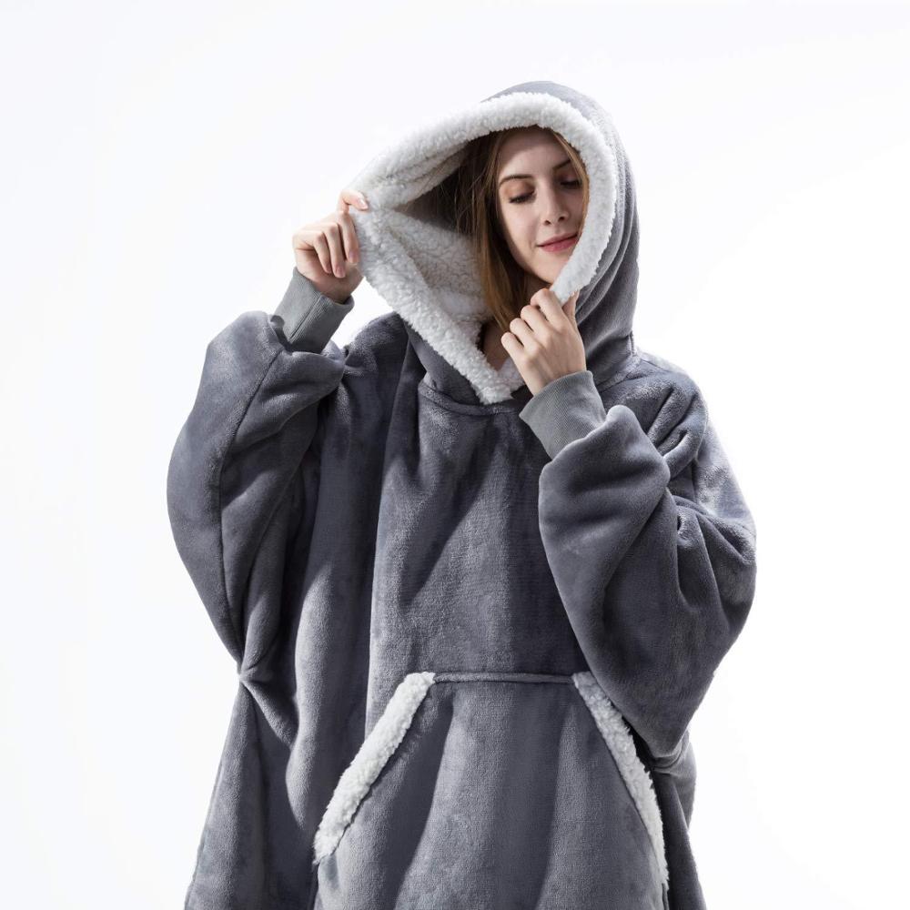 Wearable Hooded Blanket with Flannel Outer Layer & Fleece Lining for Adults & Kids