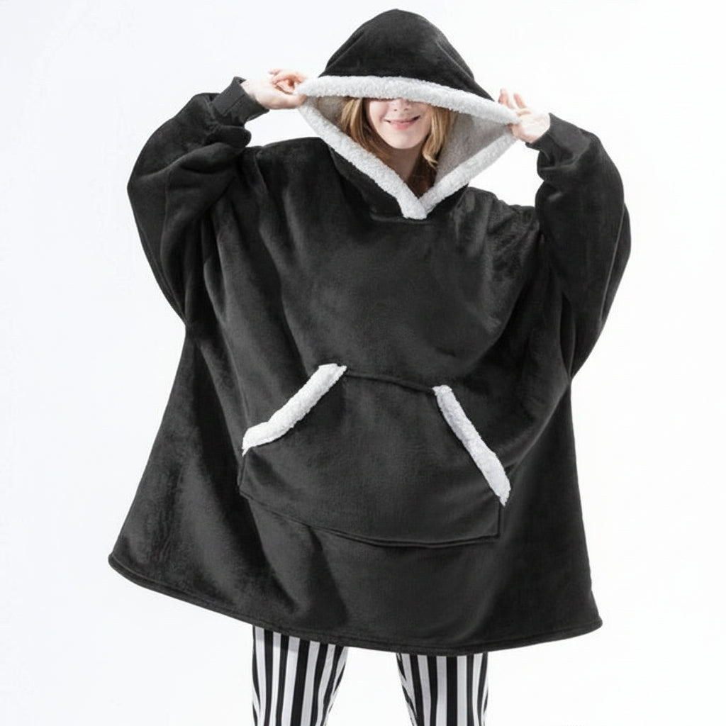 Wearable Hooded Blanket with Flannel Outer Layer & Fleece Lining for Adults & Kids
