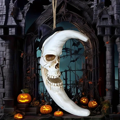 Crescent Moon Skull Wall Ornament with Witch Hat, Handcrafted Resin Halloween Wall Decoration