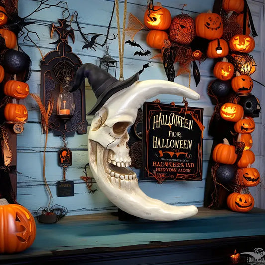 Crescent Moon Skull Wall Ornament with Witch Hat, Handcrafted Resin Halloween Wall Decoration