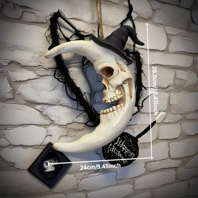 Crescent Moon Skull Wall Ornament with Witch Hat, Handcrafted Resin Halloween Wall Decoration