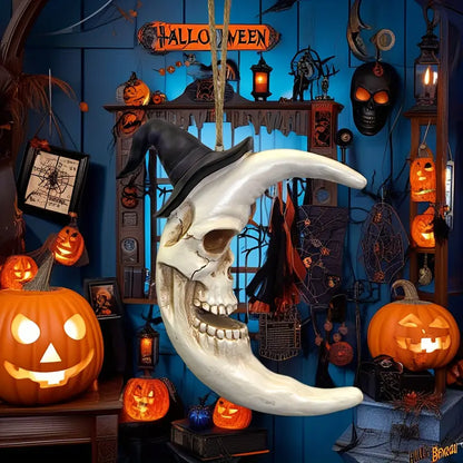 Crescent Moon Skull Wall Ornament with Witch Hat, Handcrafted Resin Halloween Wall Decoration