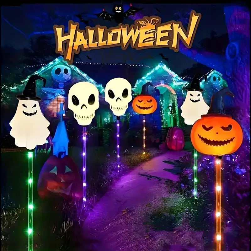 Halloween Solar Pathway Light Stakes, Set of 6 Pumpkin, Skull and Ghost Garden Lights with Auto On