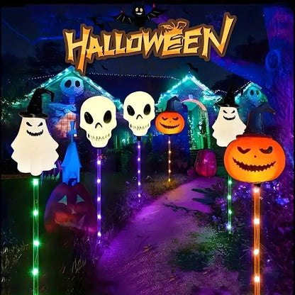 Halloween Solar Pathway Light Stakes, Set of 6 Pumpkin, Skull and Ghost Garden Lights with Auto On