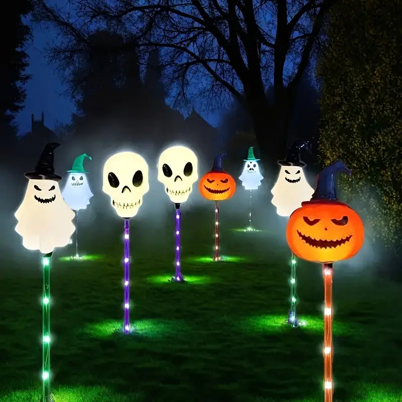 Halloween Solar Pathway Light Stakes, Set of 6 Pumpkin, Skull and Ghost Garden Lights with Auto On