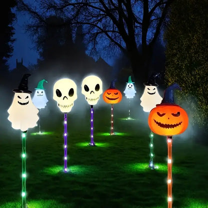 Halloween Solar Pathway Light Stakes, Set of 6 Pumpkin, Skull and Ghost Garden Lights with Auto On