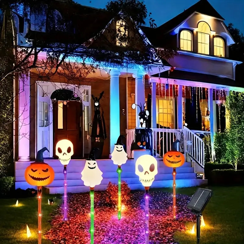 Halloween Solar Pathway Light Stakes, Set of 6 Pumpkin, Skull and Ghost Garden Lights with Auto On