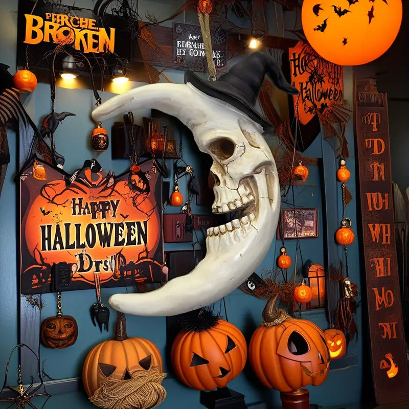 Crescent Moon Skull Wall Ornament with Witch Hat, Handcrafted Resin Halloween Wall Decoration
