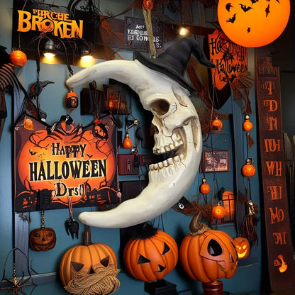 Crescent Moon Skull Wall Ornament with Witch Hat, Handcrafted Resin Halloween Wall Decoration