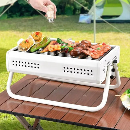 Portable Charcoal Grill with Folding Handles and Perforated Sidewalls for Camping