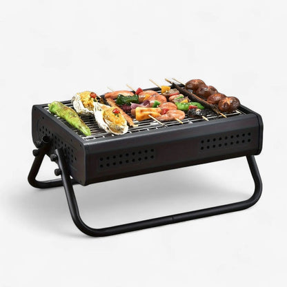 Portable Charcoal Grill with Folding Handles and Perforated Sidewalls for Camping