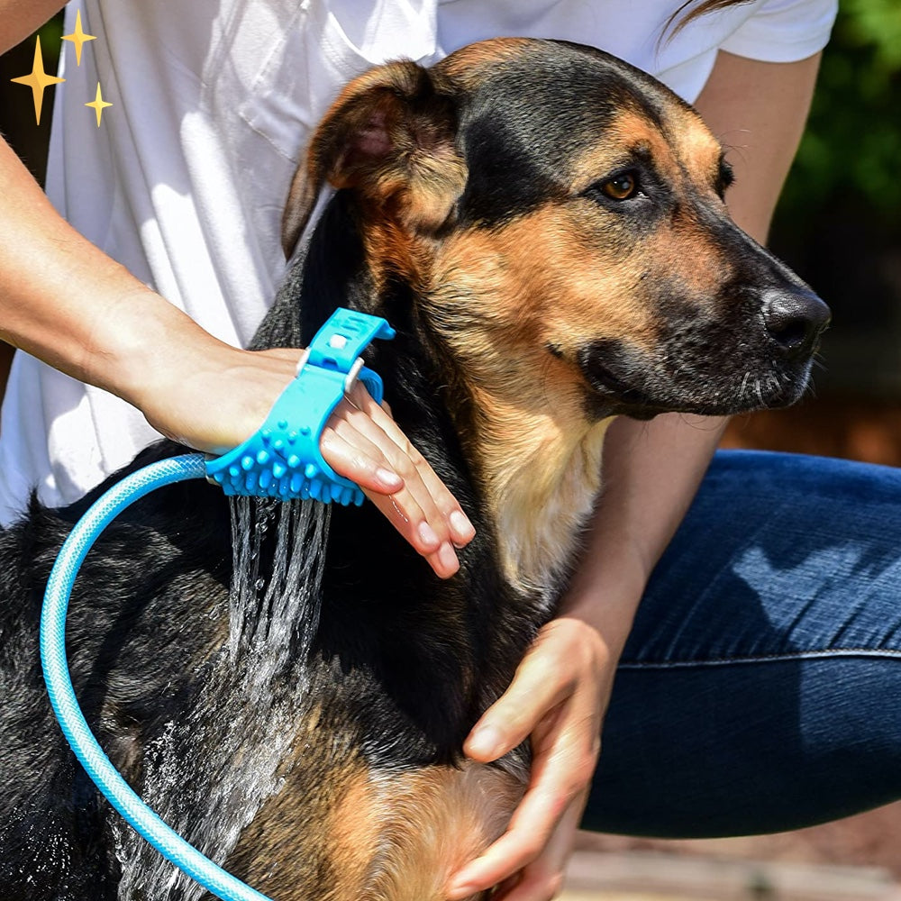 Silicone Dog Shower Glove with Brush and Garden Hose Connection for Bathing, All Coats