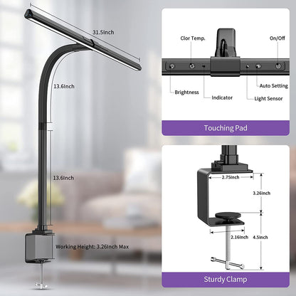 Clamp On LED Desk Lamp with 1100 Lumens, Dimmable Light Bar with 3000K to 6000K and Memory Mode