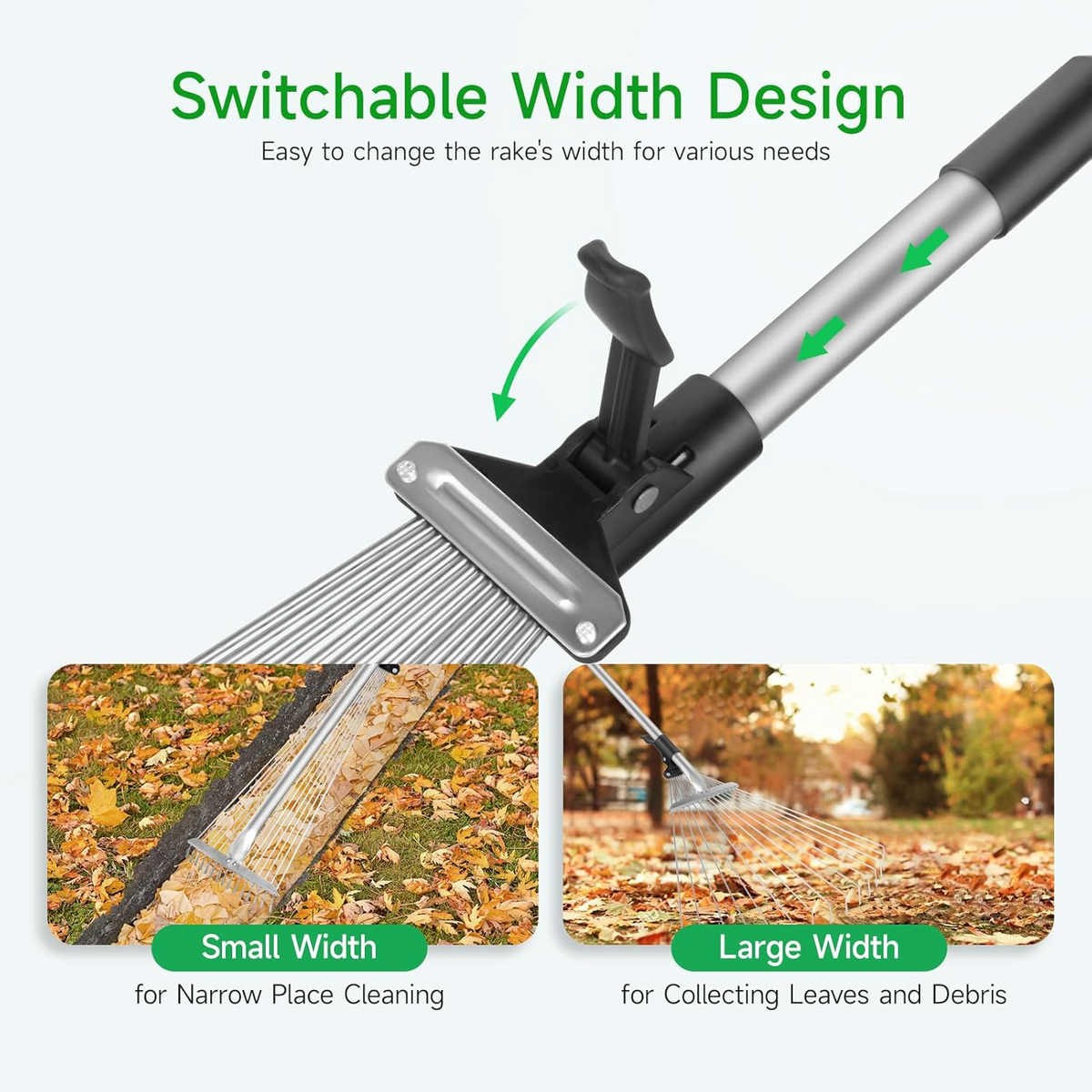 Extendable Steel Leaf Rake with 45cm Rake Head, Adjustable Handle, Lightweight Design