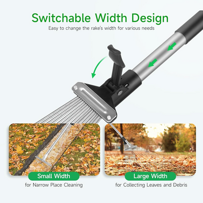 Extendable Steel Leaf Rake with 45cm Rake Head, Adjustable Handle, Lightweight Design