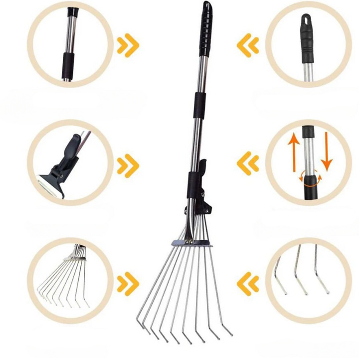 Extendable Steel Leaf Rake with 45cm Rake Head, Adjustable Handle, Lightweight Design