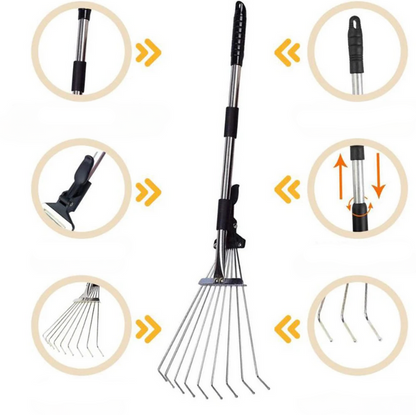 Extendable Steel Leaf Rake with 45cm Rake Head, Adjustable Handle, Lightweight Design