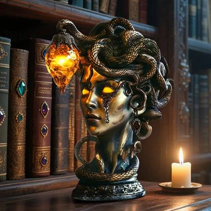 Medusa Night Lamp, Gothic Resin Gorgon Sculpture Accent Lamp with Warm Amber Flame Effect, USB