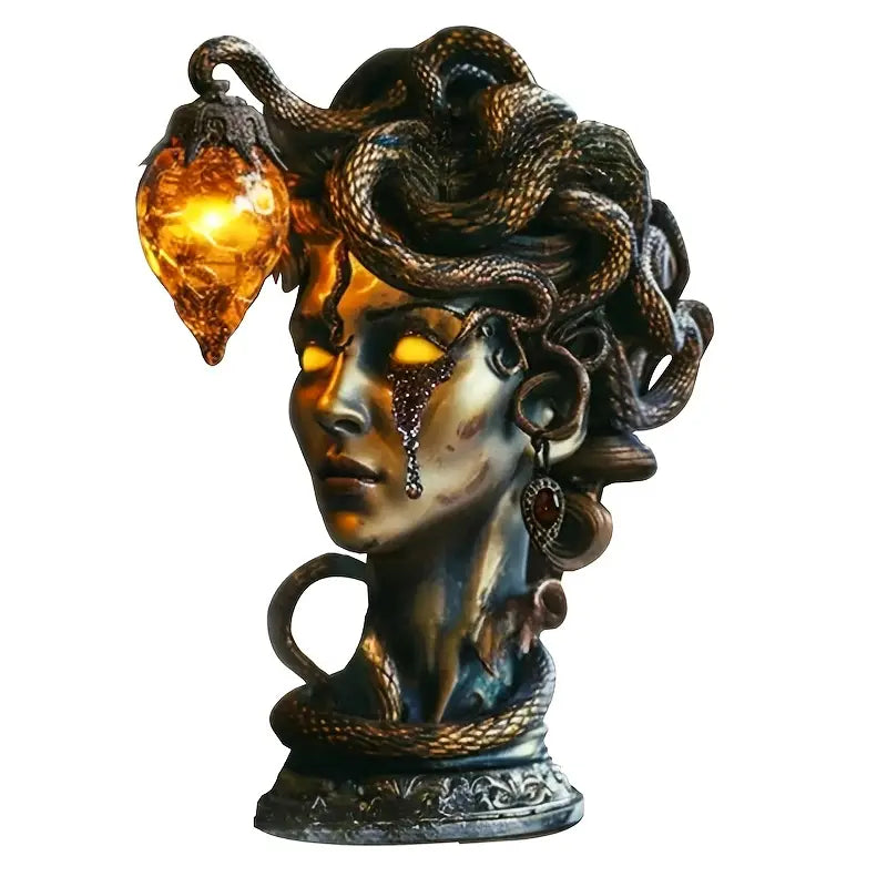 Medusa Night Lamp, Gothic Resin Gorgon Sculpture Accent Lamp with Warm Amber Flame Effect, USB