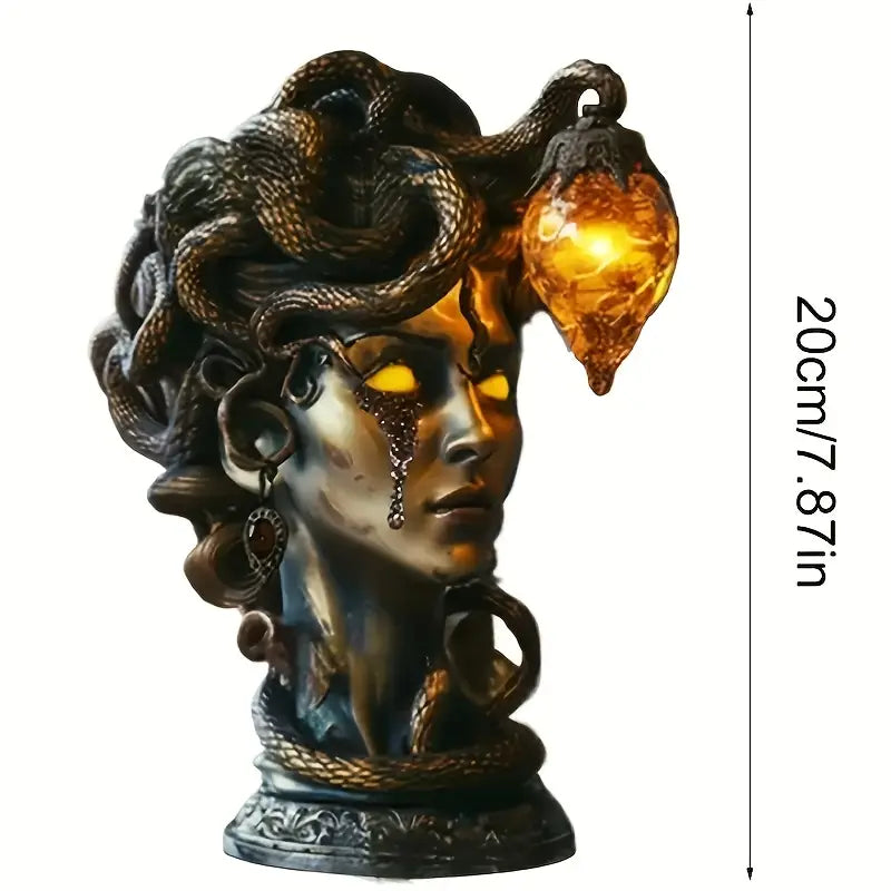 Medusa Night Lamp, Gothic Resin Gorgon Sculpture Accent Lamp with Warm Amber Flame Effect, USB