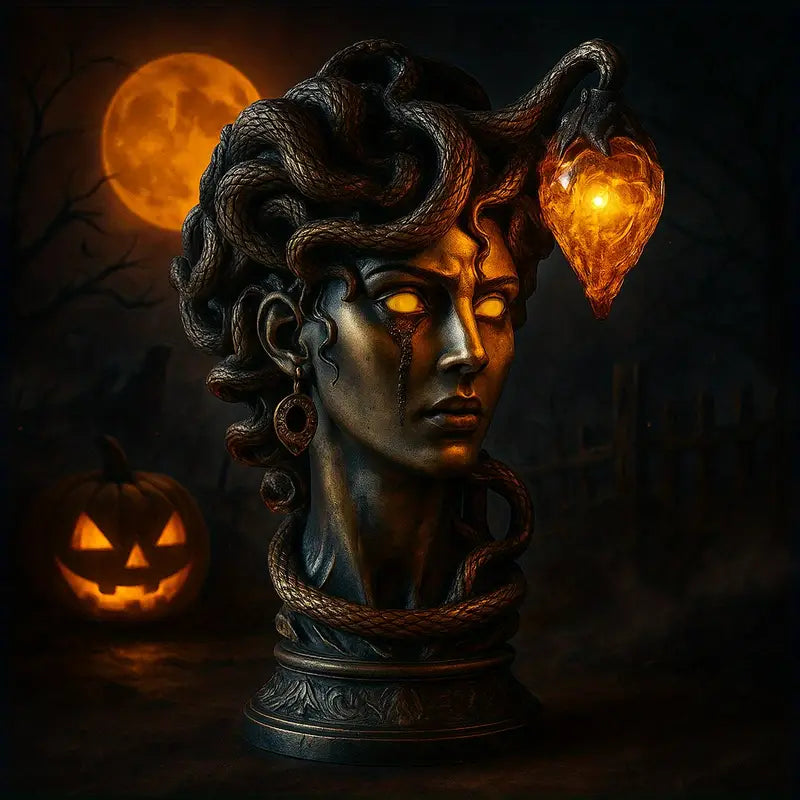 Medusa Night Lamp, Gothic Resin Gorgon Sculpture Accent Lamp with Warm Amber Flame Effect, USB
