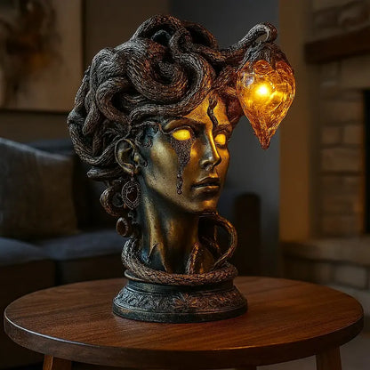 Medusa Night Lamp, Gothic Resin Gorgon Sculpture Accent Lamp with Warm Amber Flame Effect, USB