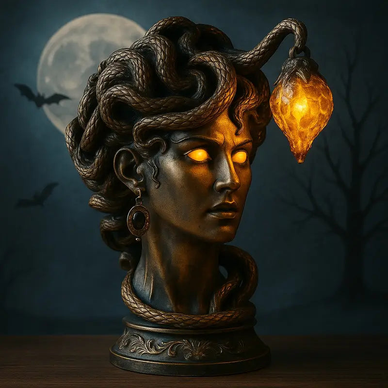 Medusa Night Lamp, Gothic Resin Gorgon Sculpture Accent Lamp with Warm Amber Flame Effect, USB