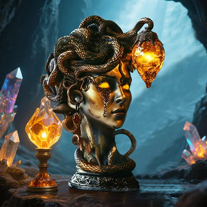 Medusa Night Lamp, Gothic Resin Gorgon Sculpture Accent Lamp with Warm Amber Flame Effect, USB