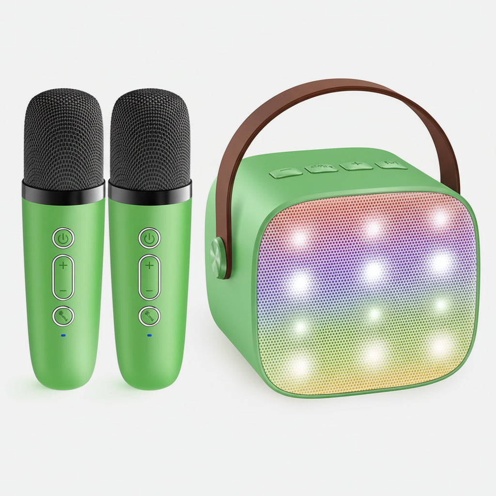 Portable Karaoke Machine with 2 Wireless Microphones, LED Lights & Voice Effects