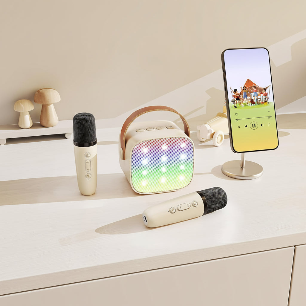 Portable Karaoke Machine with 2 Wireless Microphones, LED Lights & Voice Effects