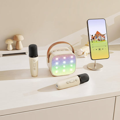 Portable Karaoke Machine with 2 Wireless Microphones, LED Lights & Voice Effects