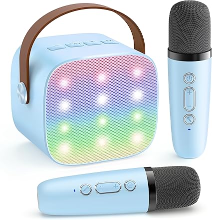 Portable Karaoke Machine with 2 Wireless Microphones, LED Lights & Voice Effects