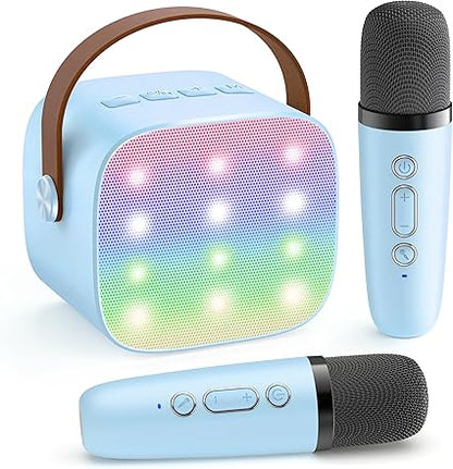 Portable Karaoke Machine with 2 Wireless Microphones, LED Lights & Voice Effects