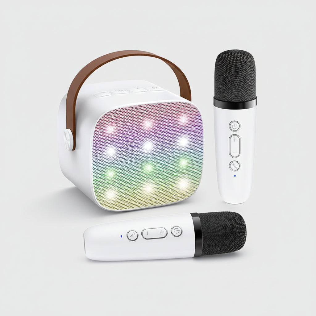 Portable Karaoke Machine with 2 Wireless Microphones, LED Lights & Voice Effects