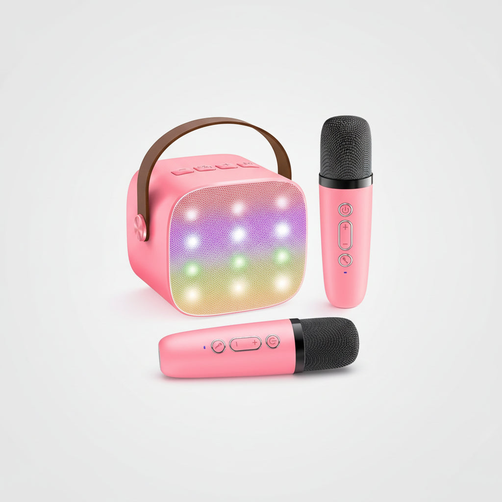 Portable Karaoke Machine with 2 Wireless Microphones, LED Lights & Voice Effects