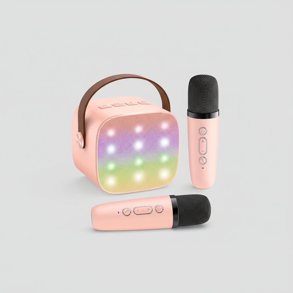 Portable Karaoke Machine with 2 Wireless Microphones, LED Lights & Voice Effects