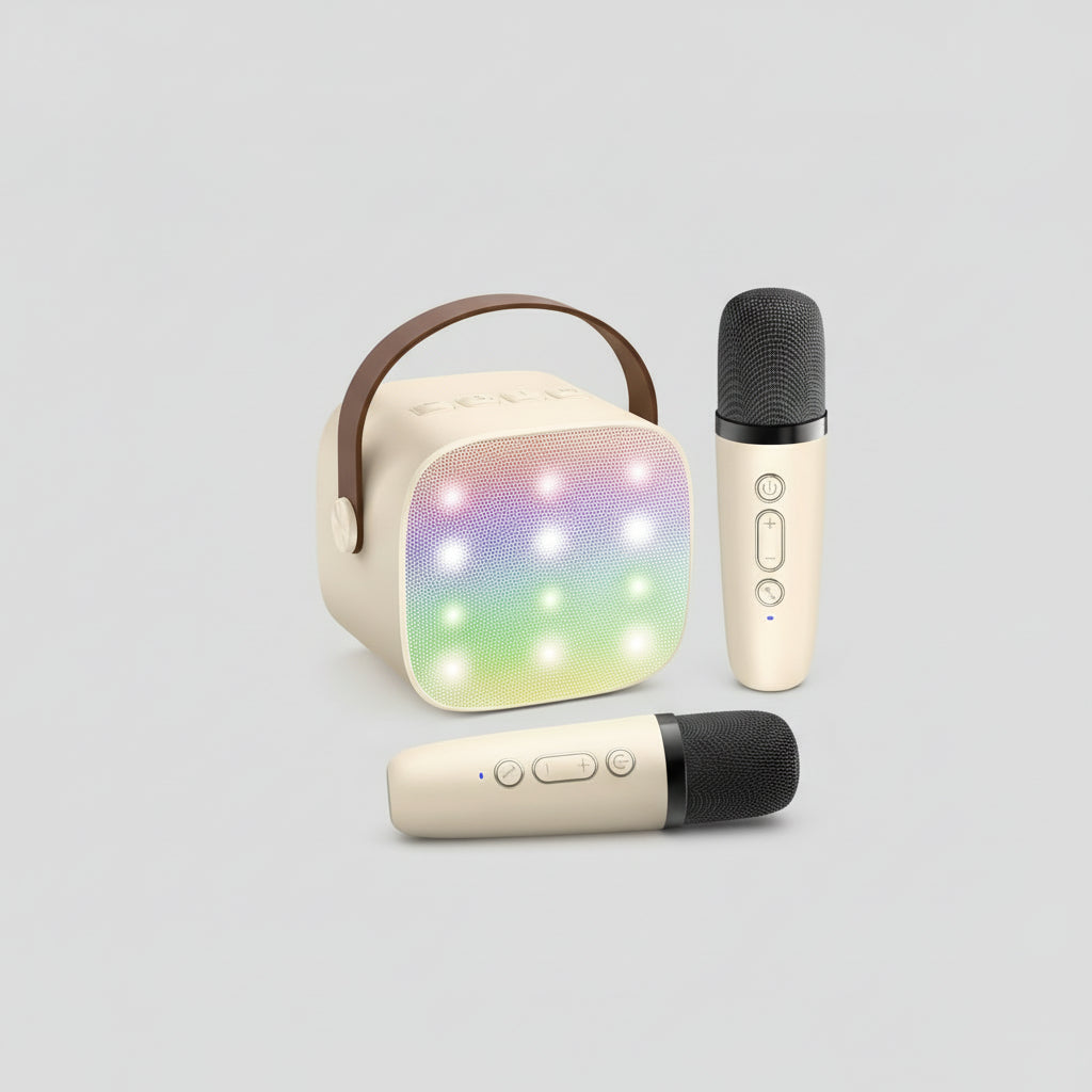 Portable Karaoke Machine with 2 Wireless Microphones, LED Lights & Voice Effects