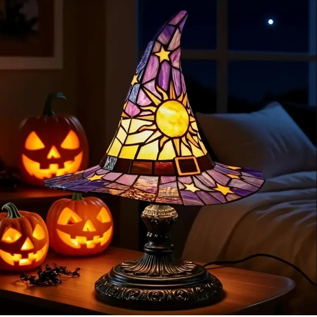Witch Hat Stained Glass Lamp with Star and Sun Pattern, Tiffany Style Fantasy Accent Lamp in 2 Sizes