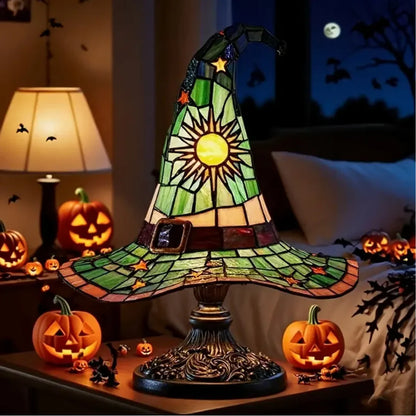 Witch Hat Stained Glass Lamp with Star and Sun Pattern, Tiffany Style Fantasy Accent Lamp in 2 Sizes