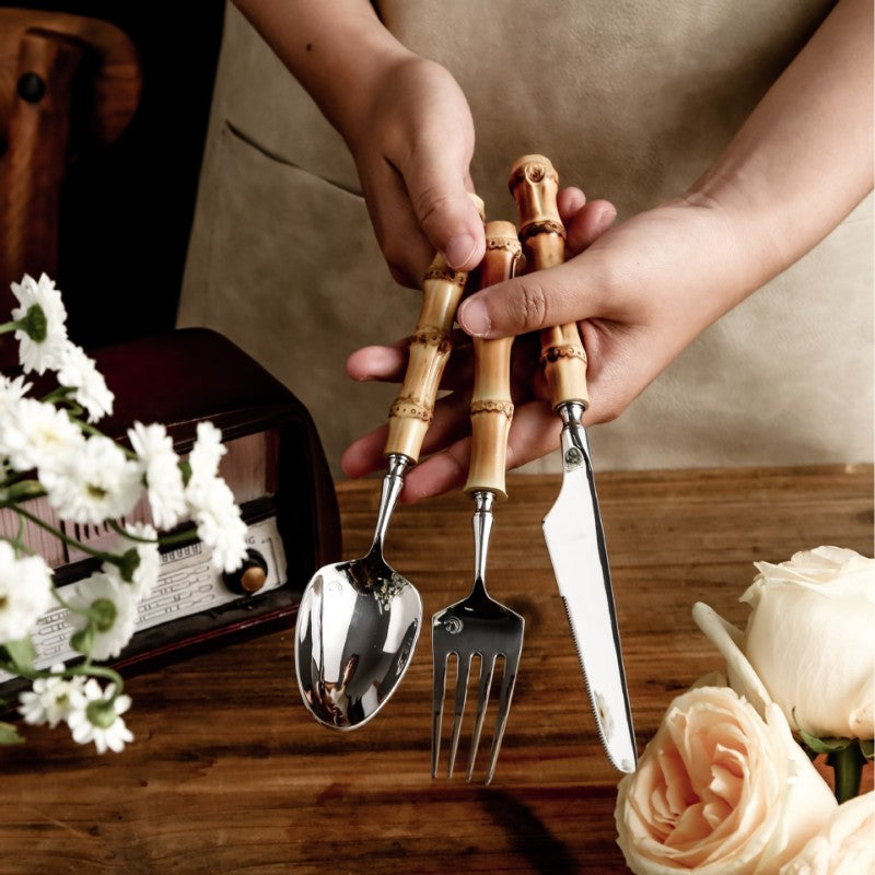 Bamboo Handle Cutlery Set with 18/10 Stainless Steel, Dishwasher Safe Flatware, 20, 30 or 60 Pieces