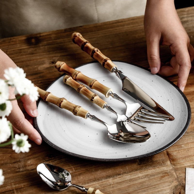 Bamboo Handle Cutlery Set with 18/10 Stainless Steel, Dishwasher Safe Flatware, 20, 30 or 60 Pieces