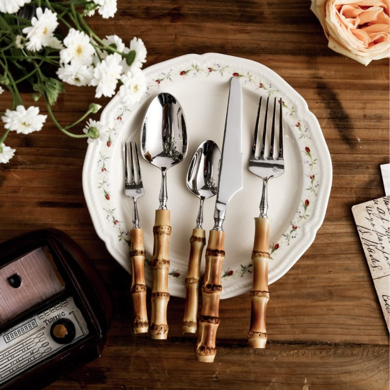 Bamboo Handle Cutlery Set with 18/10 Stainless Steel, Dishwasher Safe Flatware, 20, 30 or 60 Pieces