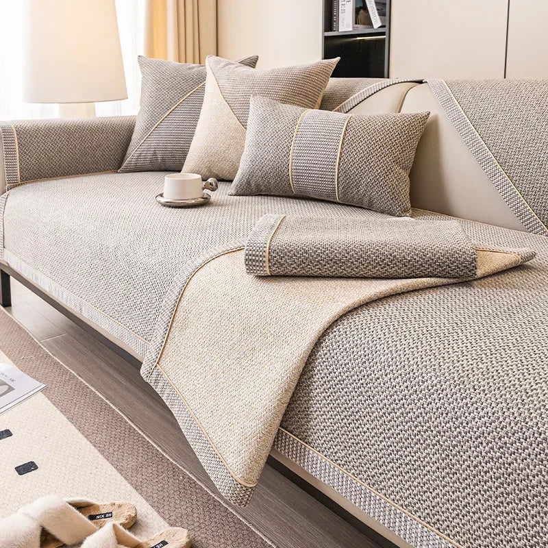 Non Slip Cotton Linen Sofa Throw Cover, Quilted Furniture Protector for All Season Living Rooms