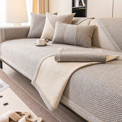 Non Slip Cotton Linen Sofa Throw Cover, Quilted Furniture Protector for All Season Living Rooms