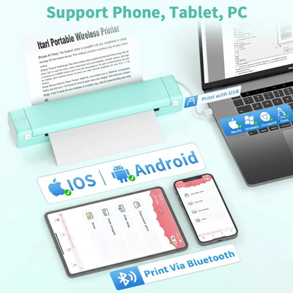 Portable Bluetooth Thermal Printer for Wireless Printing, No Ink Required, Compact Design
