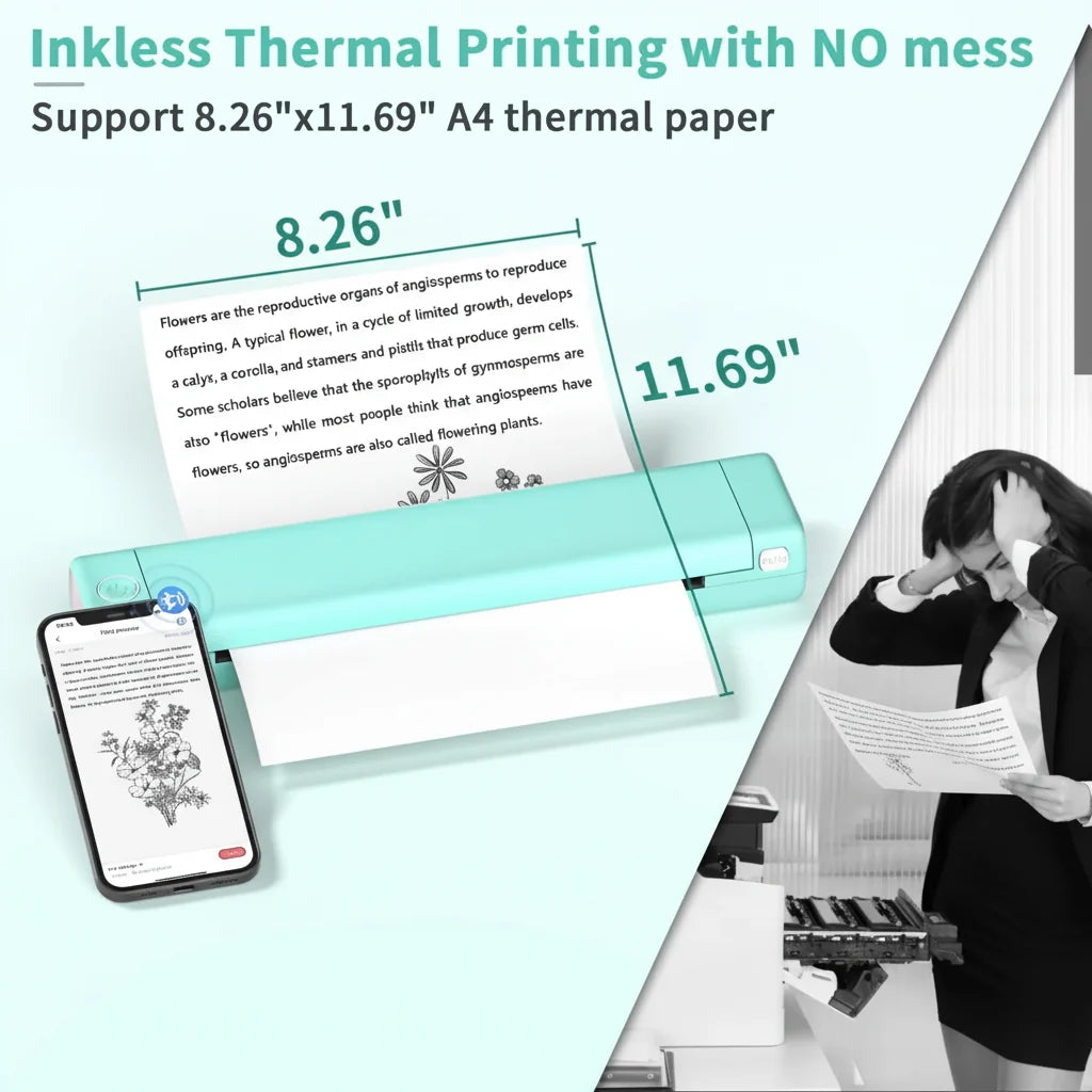 Portable Bluetooth Thermal Printer for Wireless Printing, No Ink Required, Compact Design