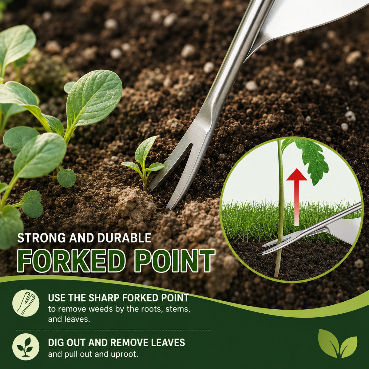 V-Fork Weed Puller with Lever Action and Ergonomic Wooden Handle for Root Removal