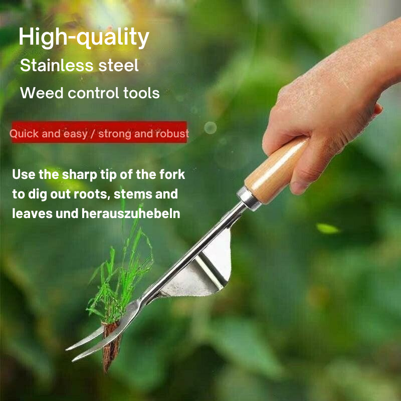 V-Fork Weed Puller with Lever Action and Ergonomic Wooden Handle for Root Removal