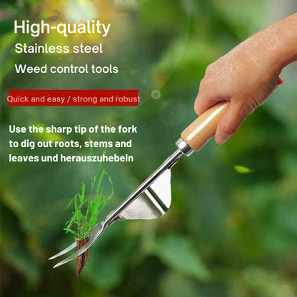 V-Fork Weed Puller with Lever Action and Ergonomic Wooden Handle for Root Removal