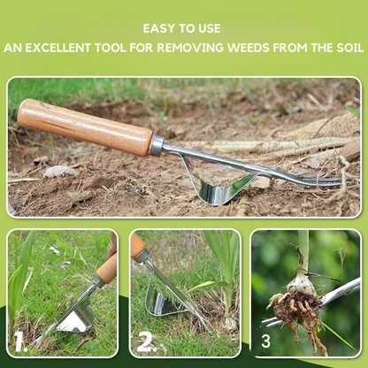 V-Fork Weed Puller with Lever Action and Ergonomic Wooden Handle for Root Removal